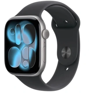 Apple Watch Series 11 GPS koperta 42 mm z aluminium w kolorze gwiezdnej szarości, pasek sportowy w kolorze czarnym - rozmiar S/M