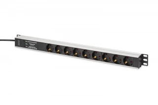 Digitus Listwa zasilająca PDU Rack (620mm) z zabezpieczeniem przeciwprzepięciowym + filtr EMI/RFI, 9 gniazd Schuko CEE 7/3 (45°), kabel 2m wtyk Unisch