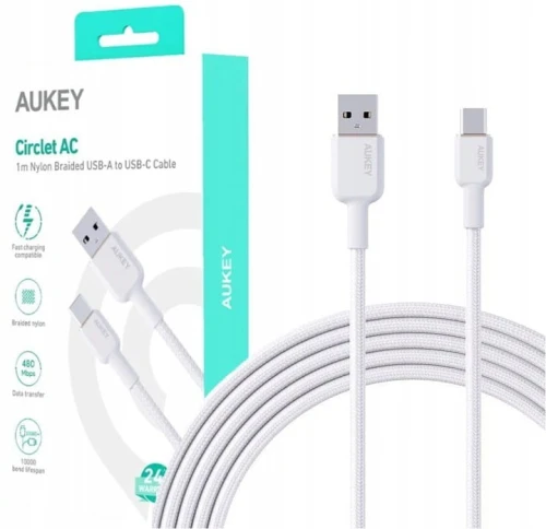 AUKEY CB-NAC1 White nylonowy kabel USB C - USB A | 1m | 3A | 60W PD | 20V