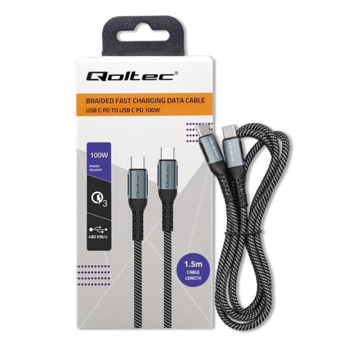 Qoltec Kabel USB 2.0 typ C | USB 2.0 typ C 100W | QC 3.0| PD | 1.5m |   Czarny